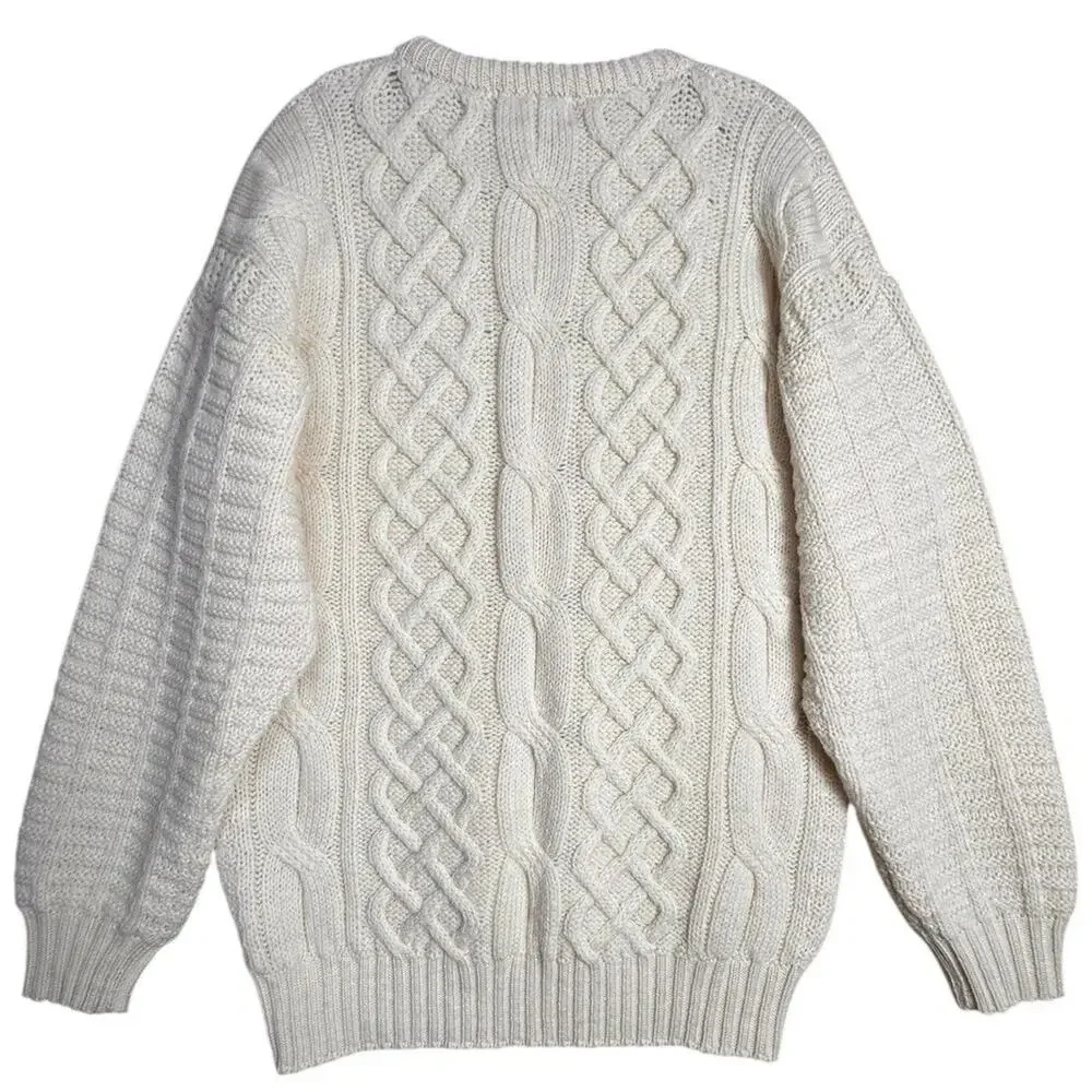 Classic Cream Fisherman Cable Knit Sweater 100% Wool - Picture 2 of 14